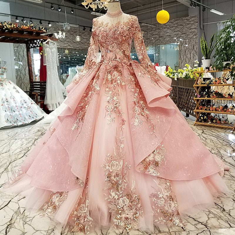 pink special dubai puffy party dresses high neck long tulle sleeve lace up back evening dresses can make for muslim - LiveTrendsX