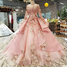 Load image into Gallery viewer, pink special dubai puffy party dresses high neck long tulle sleeve lace up back evening dresses can make for muslim - LiveTrendsX

