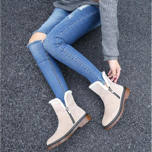 Med  Solid  Womens Boots Ankle Short Square Heel Zip Casual  Vintage Boots  Round Toe Shallow Chain Winter Big Size Shoes - LiveTrendsX