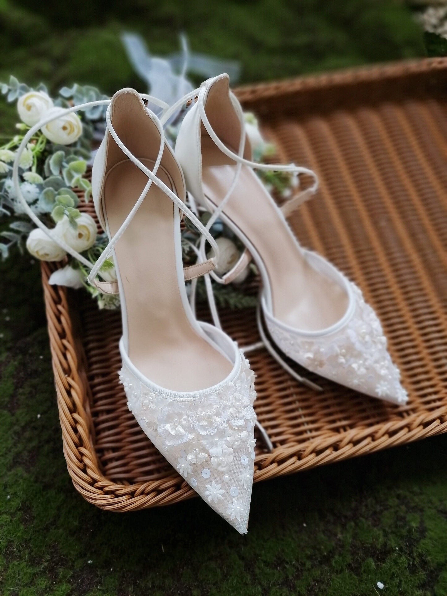 Handmade Girl White Bandage Lady's High Heels Wedding Shoes