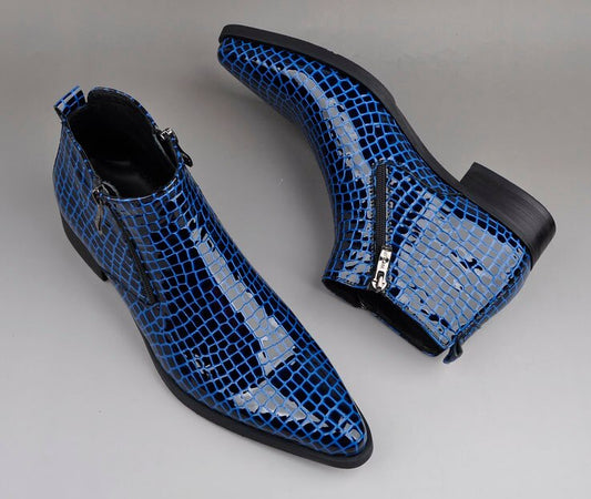 Alligator Skin Ankle Booties Shoes Fall Genuine Leather Blue Mens Pointed Toe Dress Boots Luxury Short Chelsea Boots - LiveTrendsX