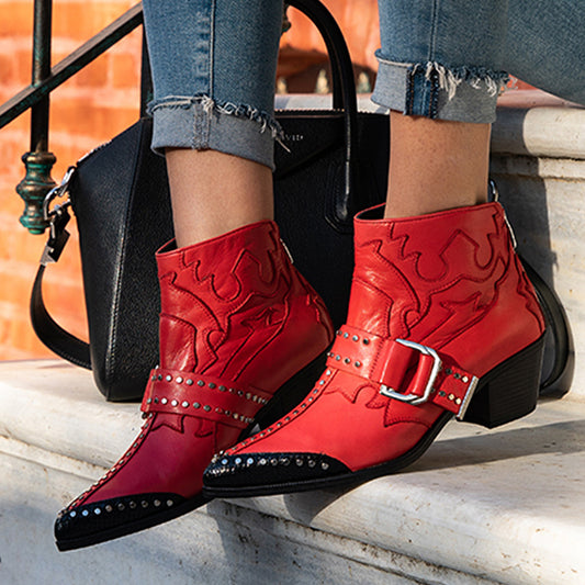 Fashion Rivets Studded Ankle Boots for Women Pointed Toe Buckle Kitten Heels Winter Shoes Ladies Black Red Leather Cowboy Boots - LiveTrendsX