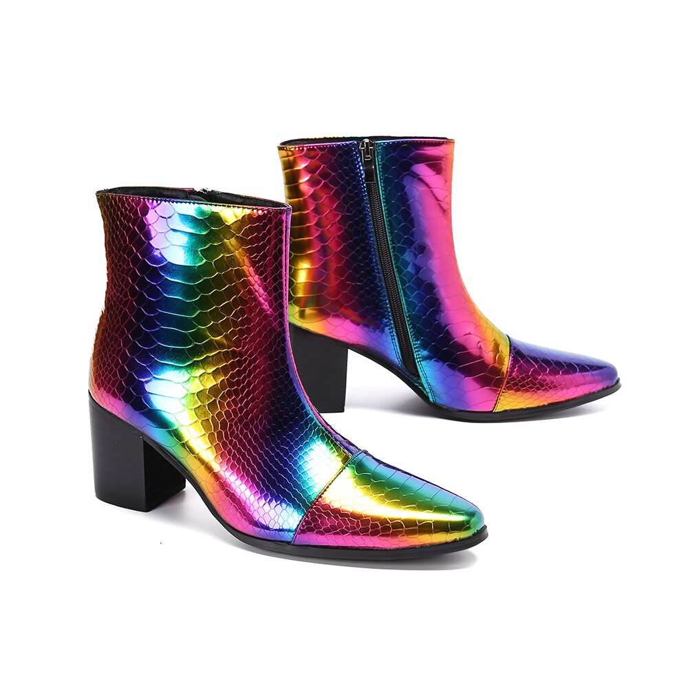 Sparkling Colorful Men Party Boots Increase Height Mid Heel Ankle Boots
