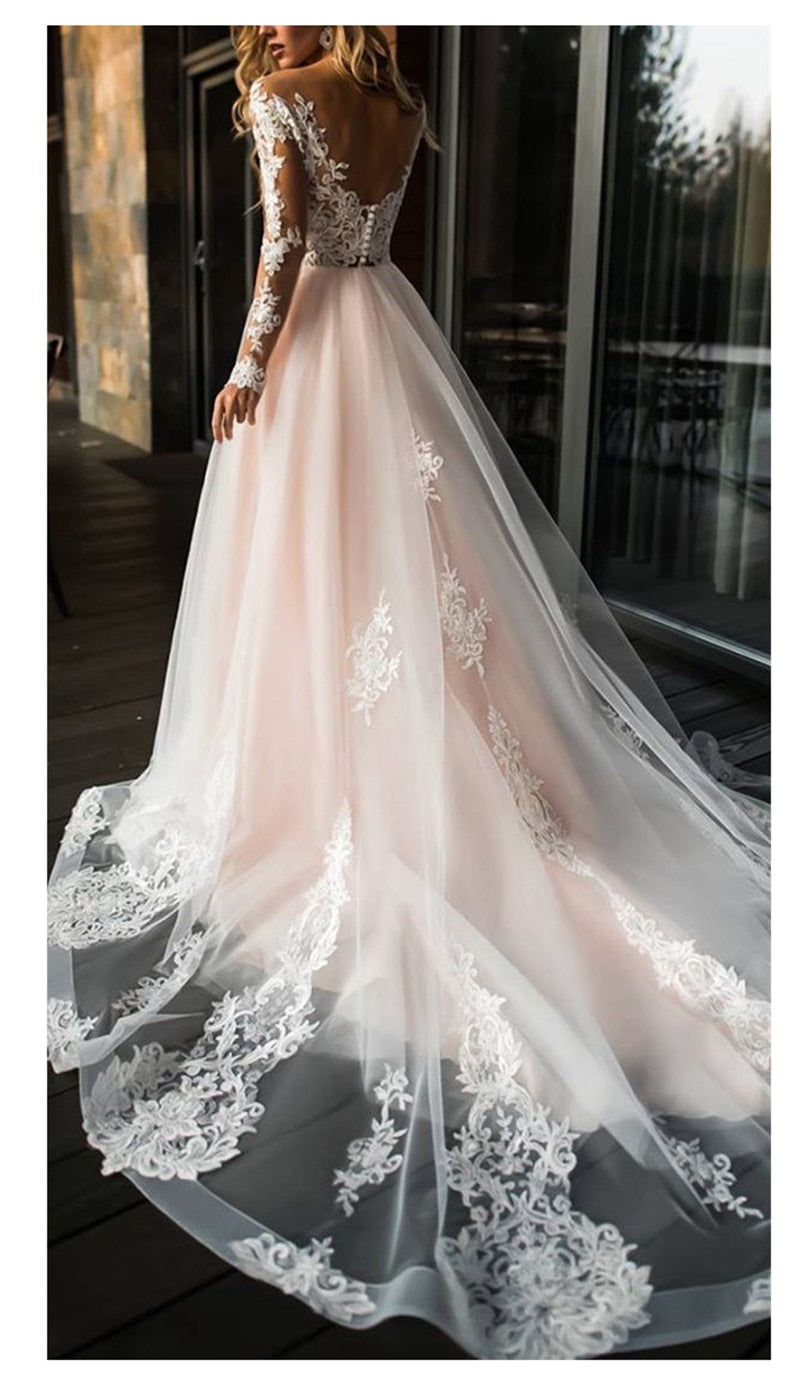 vestido de novia White Ivory Tulle Wedding Dress Open Back A Line Bride Wedding Gowns Long Sleeves Lace Applique Bridal Dresses - LiveTrendsX