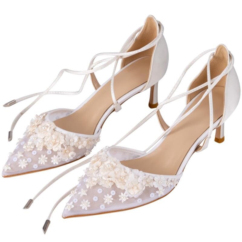Lace flower fine high-heeled bride wedding shoes