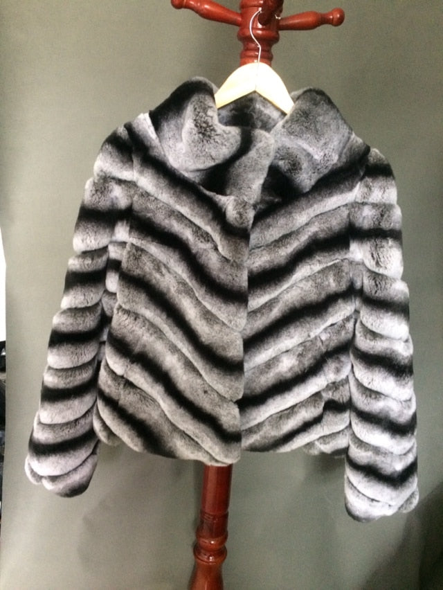 women real rex rabbit fur jacket short coat Chinchilla color with stripe warm winter  classic furry soft fluffy - LiveTrendsX