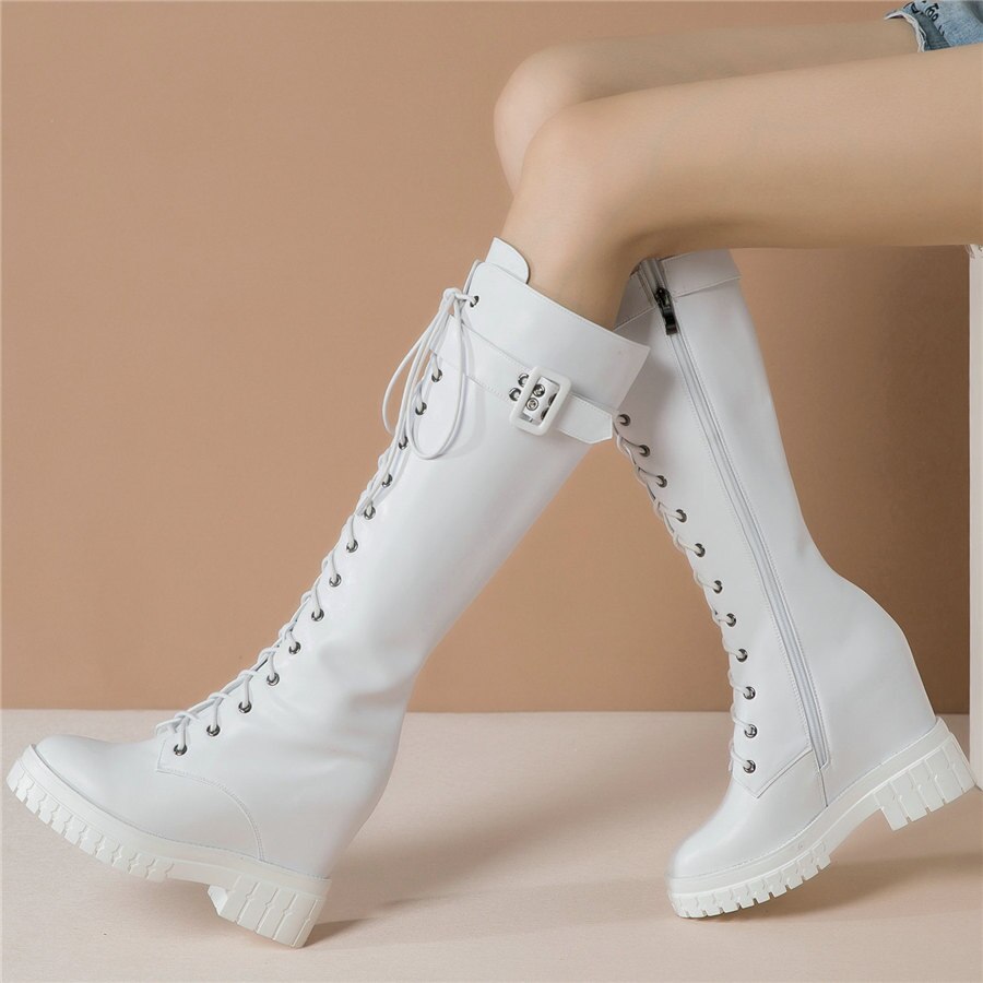 Women Genuine Leather Hidden Wedges High Heel Knee High Boots