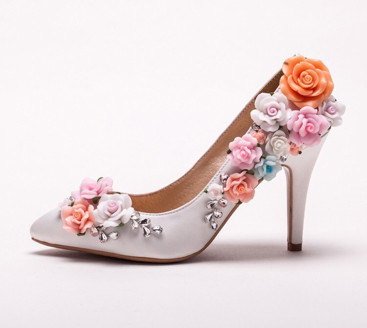Custom Made White Satin Flower High Heel Lady shoes Elegant Bridal Wedding Shoes Pointed Toe Women Bridesmaid Shoes - LiveTrendsX