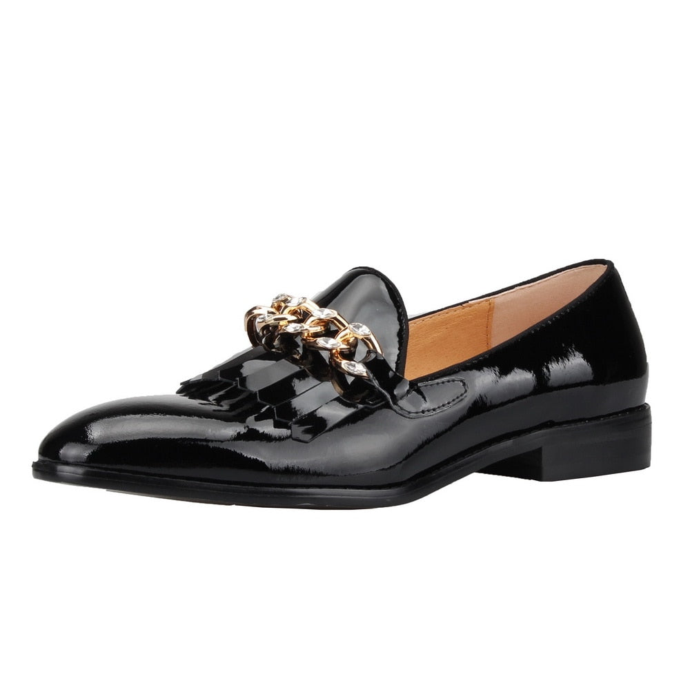 Men Patent leather Shoes metal chain Loafers