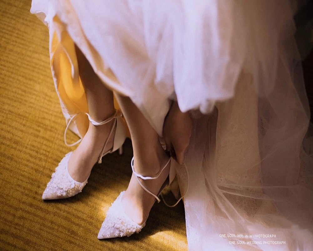 Lace flower fine high-heeled bride wedding shoes