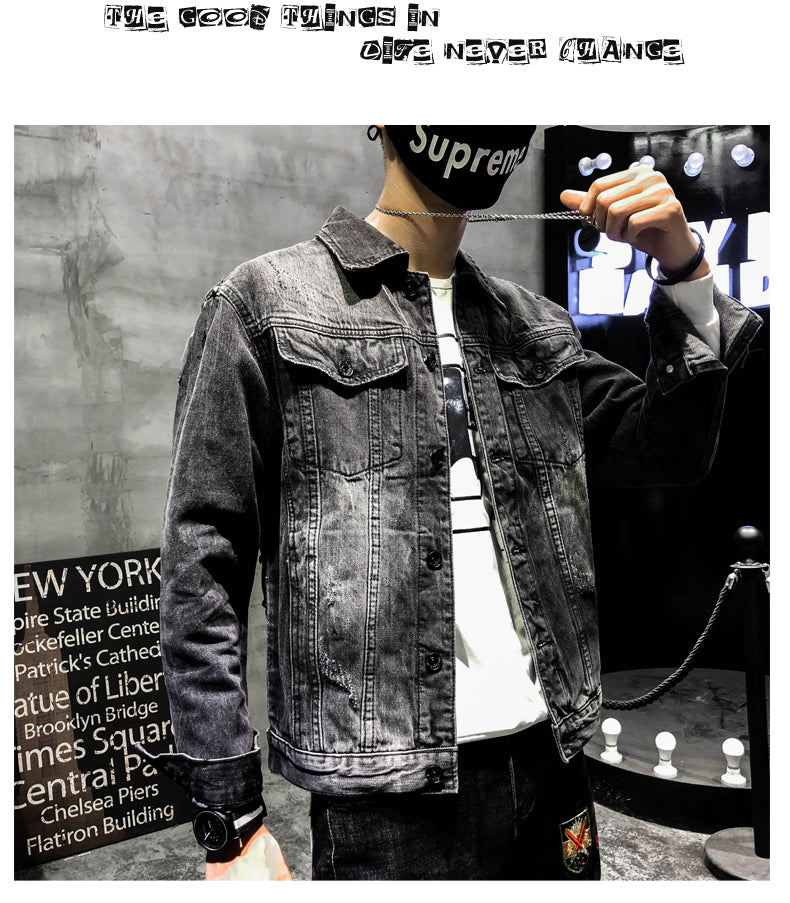 New  Punk Style Novel Wolf Embroidered Rivet Jean Jacket Men Denim Jackets Streetwear Slim Black Jacket for Men - LiveTrendsX