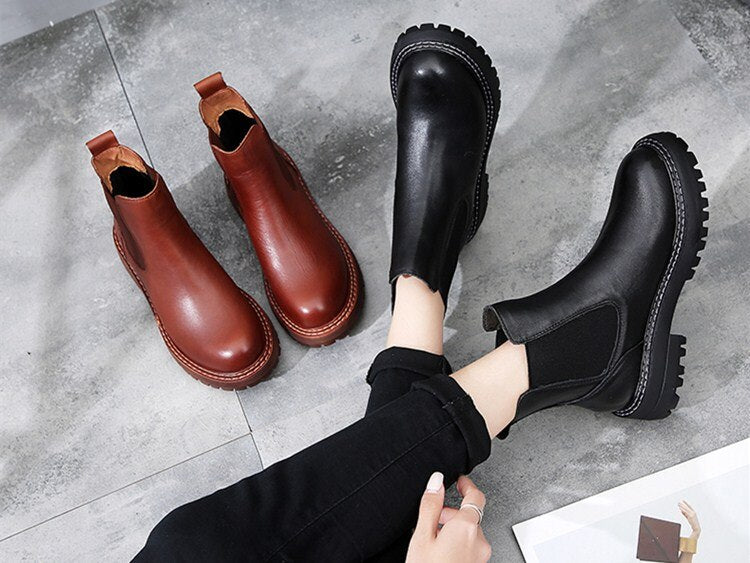 Chelsea Boots Ladies 2020 Spring New Genuine Leather British Style Retro Female Martin Boots Thick Heel - LiveTrendsX