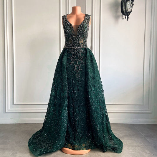 V-neck Sparkly Beaded Emerald Green Lace Women Formal Evening Gowns