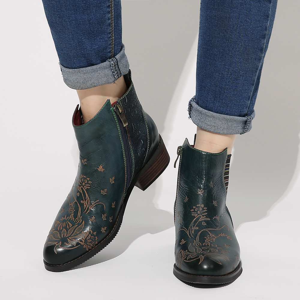 Retro Flower Boots Pattern Stitching Ladies Shoes Genuine Leather Elastic Band Zipper Ankle Boots Boots Women Shoes - LiveTrendsX