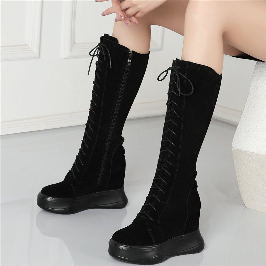Women Lace Up Cow Leather High Heel Mid Calf Military Boots Round Toe