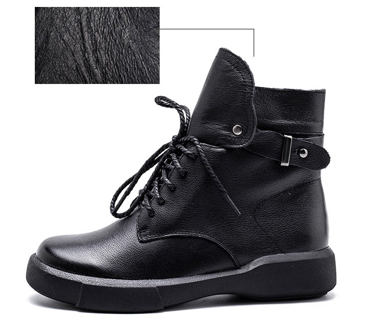 Women Ankle Boots Genuine Leather Short Plush Warm Ladies Short Booties Motorcycle Boots Woman Black Fashion Shoes - LiveTrendsX