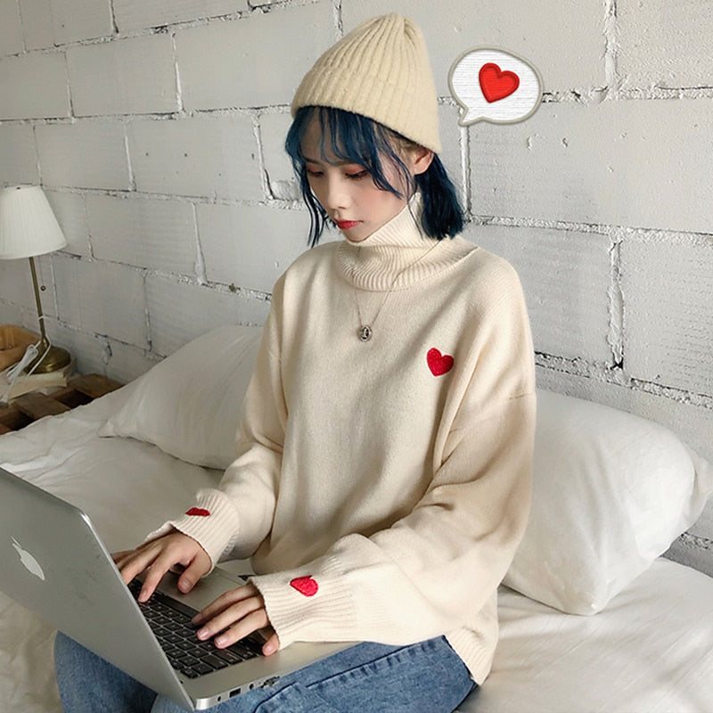 Korean Sweet Long Sleeve Turtleneck Top Pullover Harajuku Fashion Autumn Winter Sweater for Female Love Embroidery Sweater Women - LiveTrendsX
