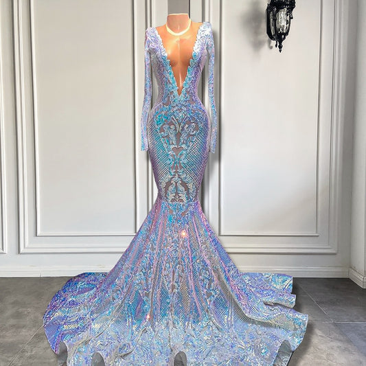 Sheer O-neck Sparkly Long Sleeve Sexy Mermaid Girls Prom Gowns