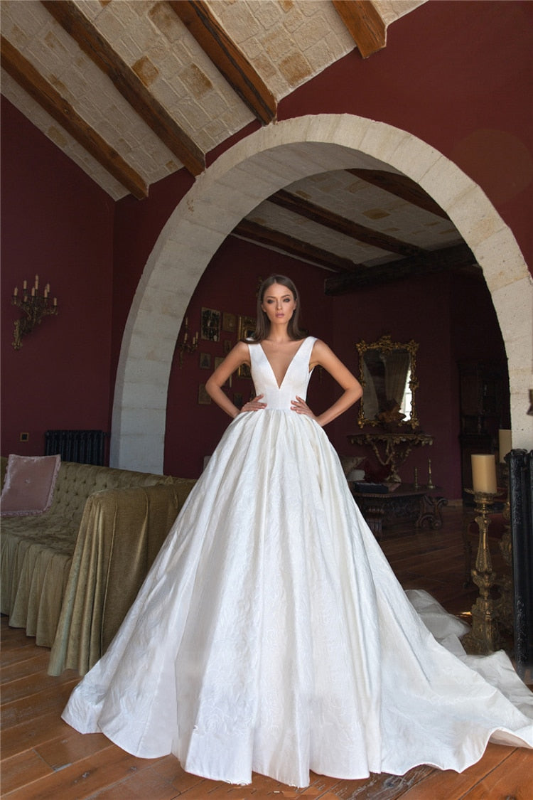 retro satin face oversize bow bridal ball gown sexy deep-v neck illusion mesh wedding reflective dress - LiveTrendsX