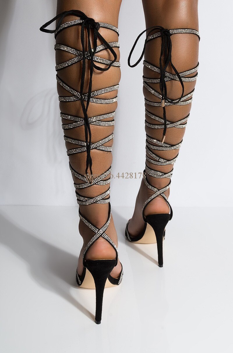 Woman diamond Lace up Over knee Sandals Boots