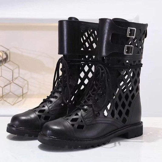 Chic hollowing out style Ankle Boots Women genuine leather runway shoes femme comfy flat heel Chelsea boots cross lace up mujer - LiveTrendsX