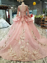 Load image into Gallery viewer, pink special dubai puffy party dresses high neck long tulle sleeve lace up back evening dresses can make for muslim - LiveTrendsX
