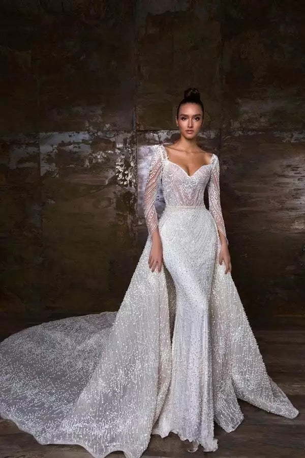 Vestido De Novia Sirena	2020 Sweetheart Mermaid Wedding Dress Beading Long Sleeve Wedding Gowns Detachable Skirt Mariage Dresses - LiveTrendsX