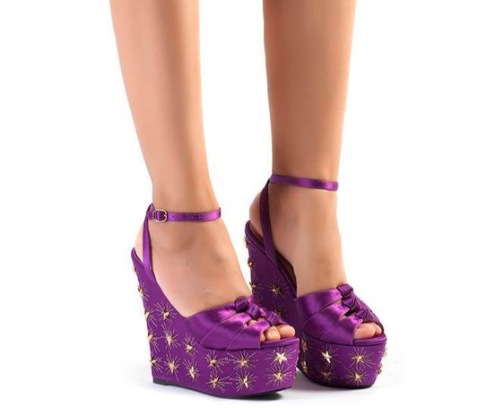 women summer new purple silk platform  shoes high heels peep toe ankle strap shoes gold star design sandals - LiveTrendsX