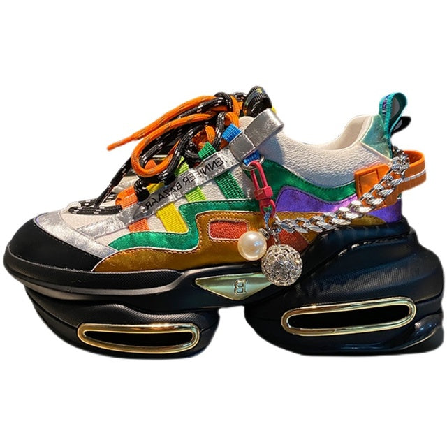 Cowhide Color Matching Color Lace-up Pearl Rhinestone Chain Sneakers