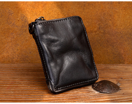 Top layer cow leather zipper short Wallet Leather Handmade