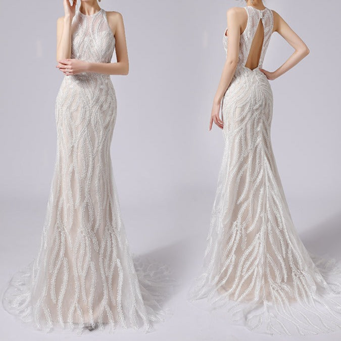 New hanging neck waist fishtail slim lace wedding dress
