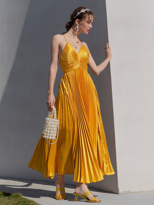 Women's Gold Deep V Neck Strap Backless Texture Evening Dress