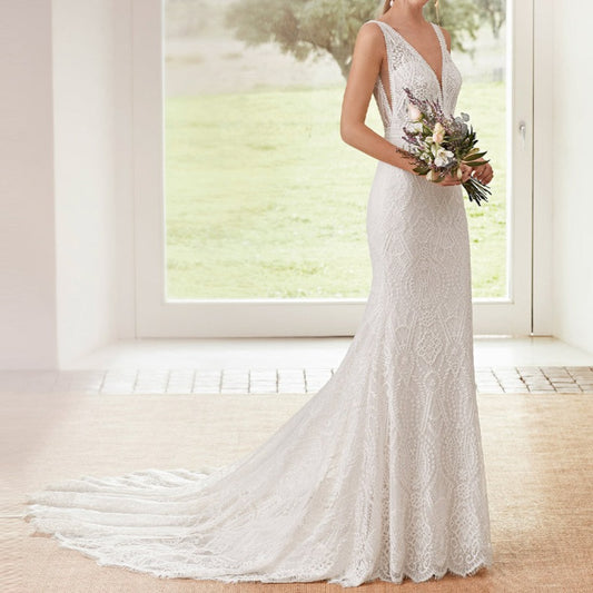 Neck Lace Backless Small Trailing White Wedding Dress