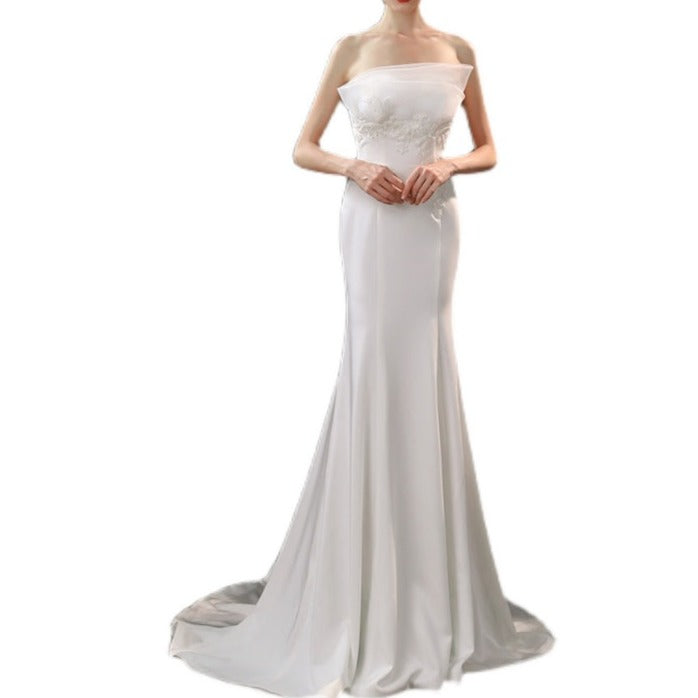 Satin hand-beaded white wedding dress with waist