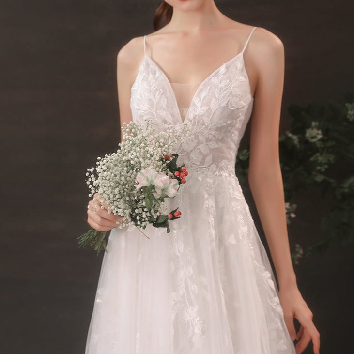 Lace Sling Deep V Neck Thin Wedding Dress