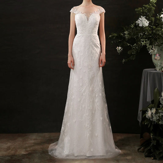 Beaded lace slim and simple fishtail light wedding dress