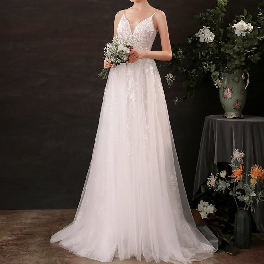 Lace Sling Deep V Neck Thin Wedding Dress