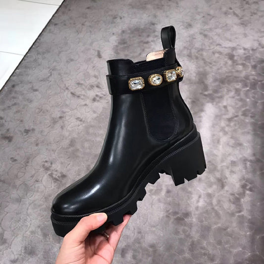 Winter Botte Pour Femme New Thick-bottomed Muffin Stretch Cloth Rhinestone Chelsea Shoes Short Boots Ankle Flat Martin Boot - LiveTrendsX