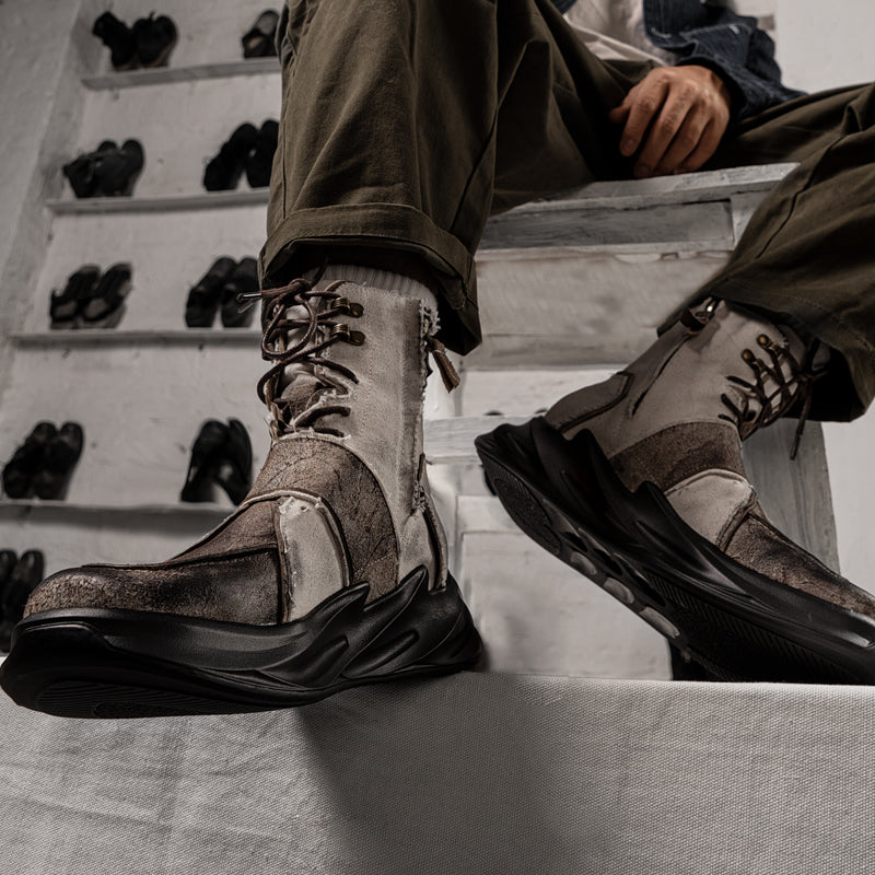 Vintage canvas leather work boots lace-free men's shoes