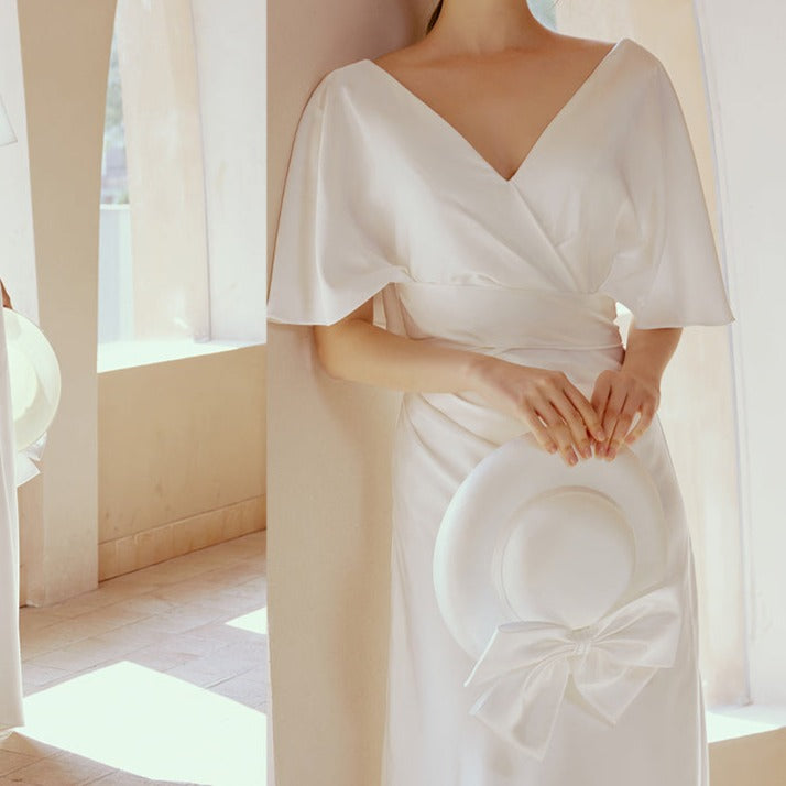 Ruffled Backless V-Shape White Satin Wedding Dress
