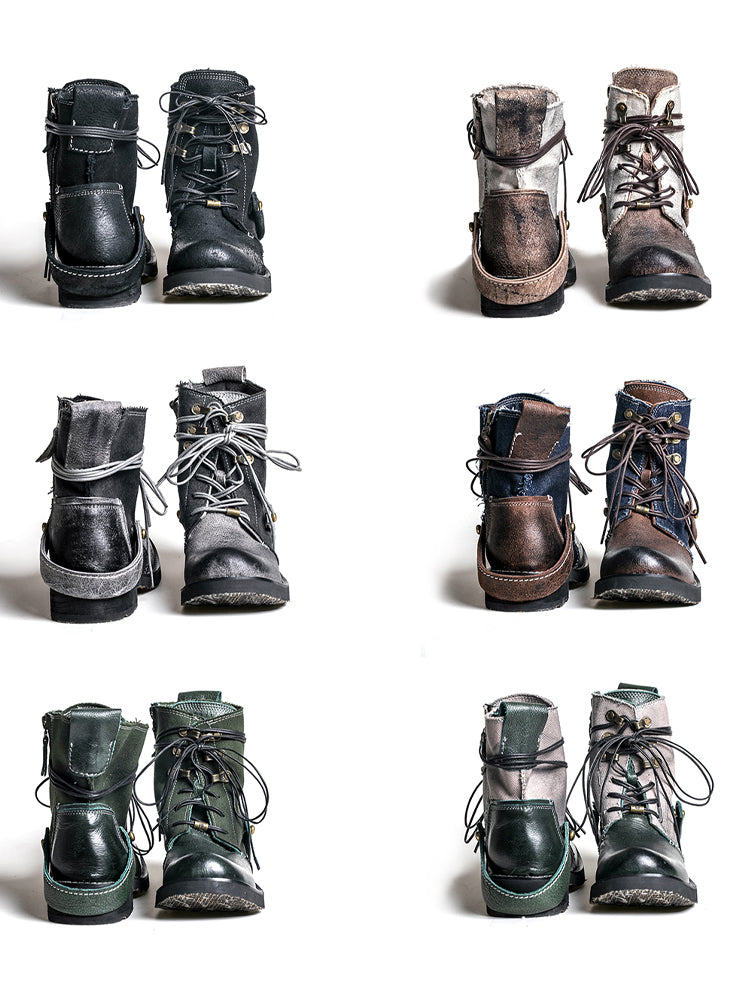Breathable high boots handmade vintage canvas top layer cowhide boots