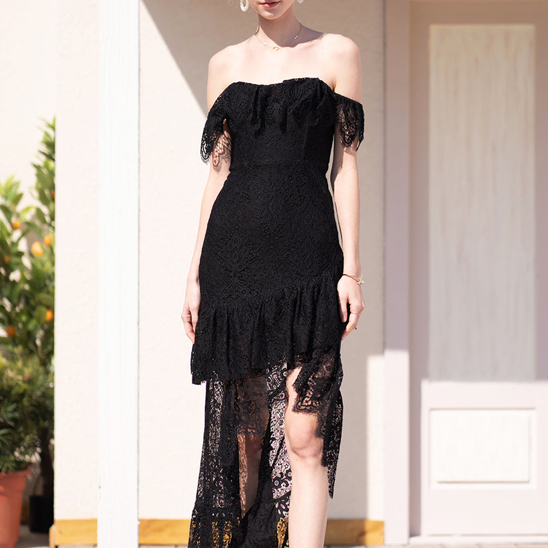 Black Lace Dress Off-the-Shoulder Ruffled Skirt