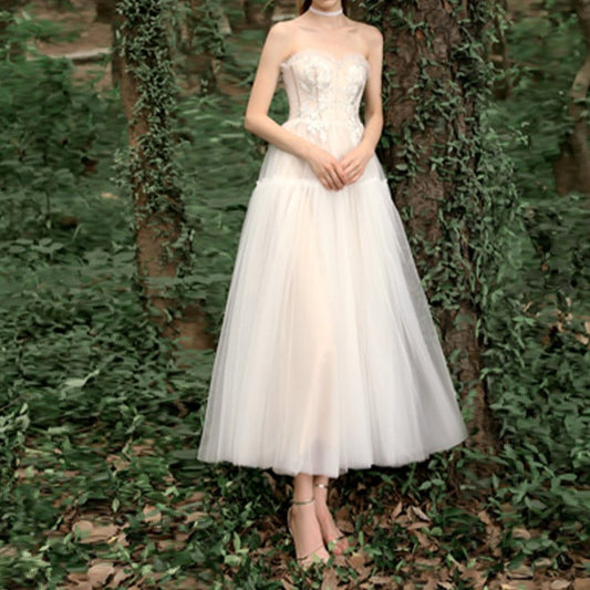 Simple tube top lace light wedding dress mid-length tutu skirt