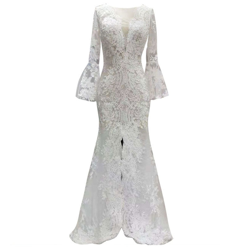 Long Sleeve Lace Trailing Waist Fishtail Slim High Slit Wedding Dress