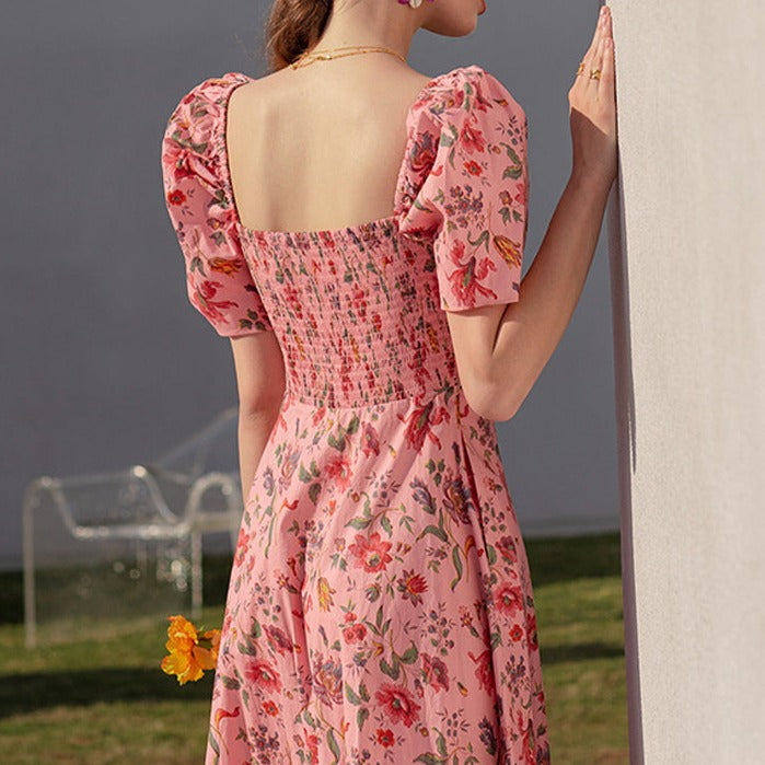 Summer French over-the-knee floral puff-sleeve open-back square-neck dress