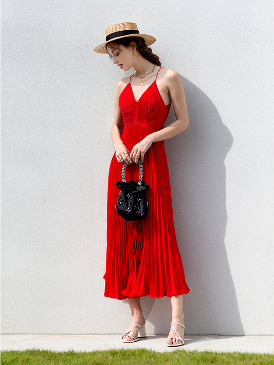 Women's summer red pleated suspender dress