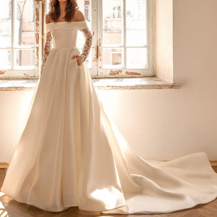 Long Sleeve Lace Elegant Satin Tube Top Long Trailing Simple Wedding Dress