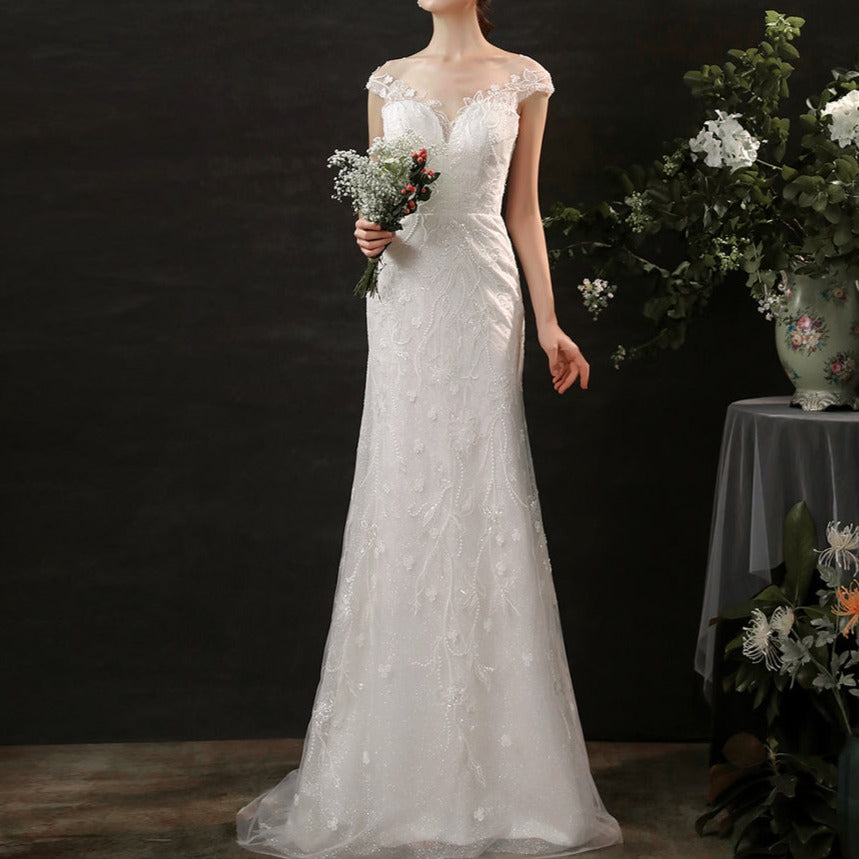 Beaded lace slim and simple fishtail light wedding dress
