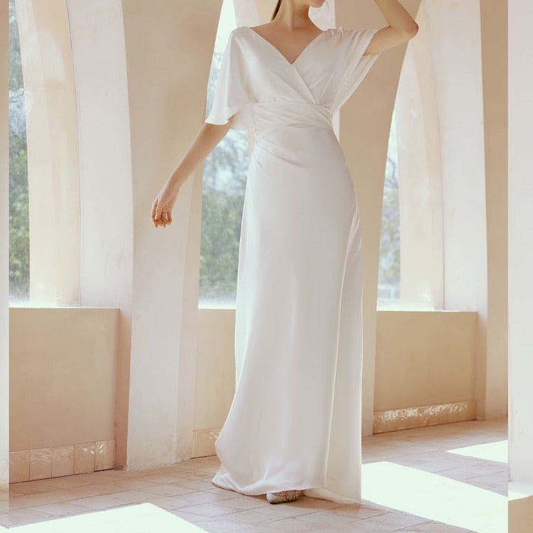 Ruffled Backless V-Shape White Satin Wedding Dress