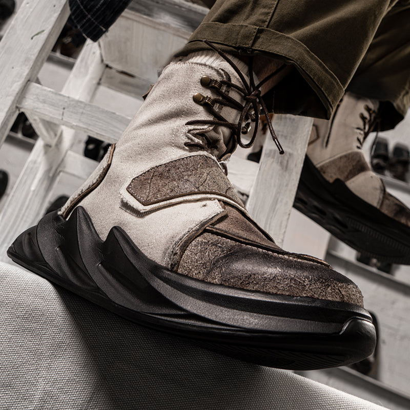 Vintage canvas leather work boots lace-free men's shoes